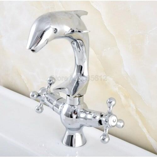 Polished Chrome Wash Basin Tap Bathroom Double Cross Handles Dolphin Basin Faucet Sink Basin Mixer Tap tsf852