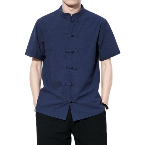 2021 Chinese Style Men Shirt Button Stand Collar Linen Short Sleeve Casual Loose Tops Solid Color Vintage Shirts 5XL