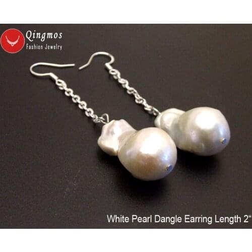Qingmos Fashion 17*30mm Baroque Natural Nuclear White Pearl Earring for Women with Pearl Dangle Earring Silver Hook 2" Jewelry