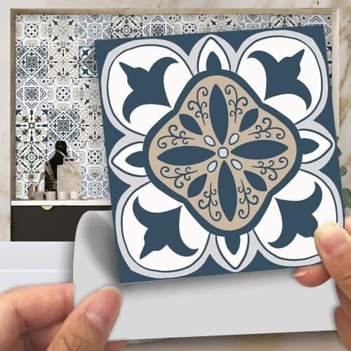 Gray & Dark Blue Retro Pattern Matte Surface Tiles Floor Sticker Transfers Covers for Kitchen Peel & Stick Wearable Art Mural