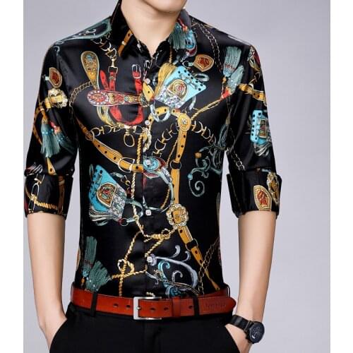 Chain Printed Silk Mens Fashion Dress Shirts Satin Mens Shirts Are Unusual Party Club Clothes For Mens Royal Vintage New Blouses