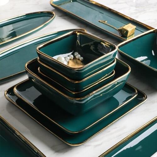 Tableware Green Ceramic Dinner Set Gold Inlay Porcelain Dessert Plate Steak Snack Cake Salad Soup Rice Bowl