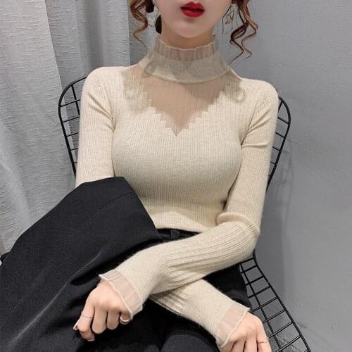 2021 And Winter 2021 New Lace Cut-out Stitching Half Turtleneck Sweater Bottomcoat for Women with Western Style Knitted Top