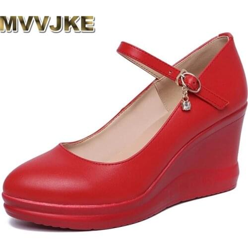 MVVJKEBrand Shoes Woman Wedges Shoes High Heels 2020 New Comfort Fashion Shoes Pointed Work Genuine Leather Shoes Size 33-43