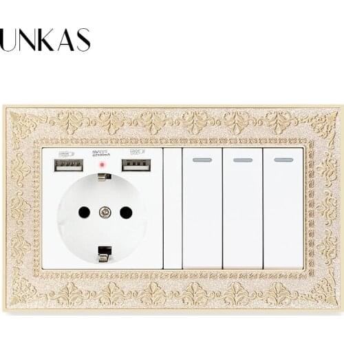 UNKAS 4D Zinc Alloy Metal Panel EU Socket Dual USB Port Soft LED + 3 Gang 1 / 2 Way On / Off Light Switch Embossing Retro Frame