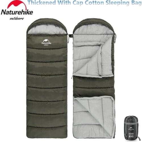 Naturehike Outdoor Envelope Sleeping Bag Down Waterproof Cotton Sleeping Bag 4 Season Warm Camping Travel Supplies with Nightcap