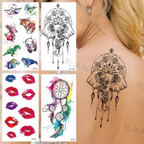 Elephant Mandala Flower Temporary Tattoos For Women Girls Watercolor Lips Dream Catcher Fake Tattoo Sticker Back Arm Tatoos 3D