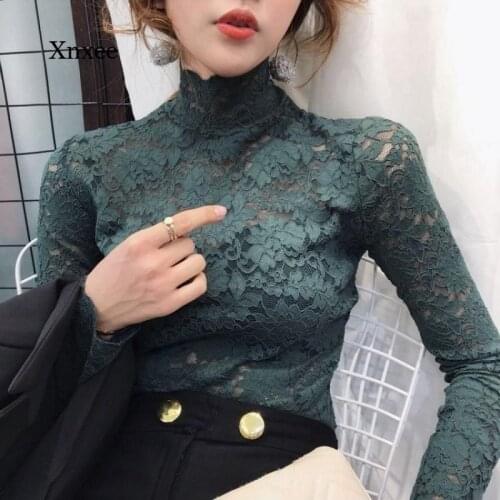 Sexy Lace Turtleneck T Shirt Spring Autumn Women Thin Black Long Sleeve Slim Lace Crochet Patchwork Tee Tops Fashion Clothes Tee