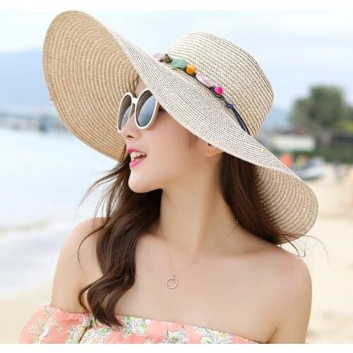 Hot women big brim sun hats foldable colorful stone hand made straw hat female summer hat casual shade cap beach hat
