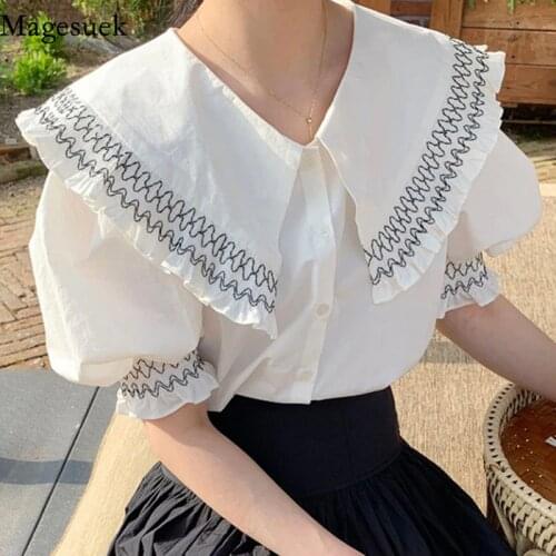 Korean Fashion Big Lapel Blouse Women Sweet Ruffles Vintage Elegant Loose Tops Short Sleeve White Womens Shirt Blusas 15165