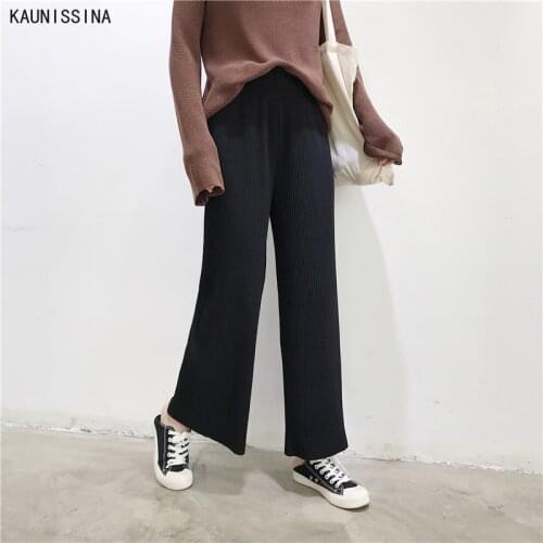 Elastic Waist Pants Women High Waist Plus Size Wide Leg Pants Casual Female Korean Ankle-Length Trousers
