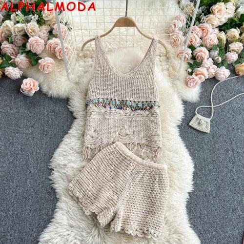 ALPHALMODA womens knitted V-neck sleeveless tassel vest top + high waist shorts 2pcs Casual Suit Seashore Holiday Style Sets