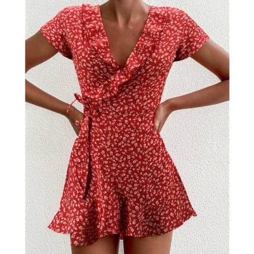 Summer Women Boho Beach Dress Ruffle V Neck Short Sleeve Little Flowers Prnting High Waist Mini Vestidos Casual Party Sundress