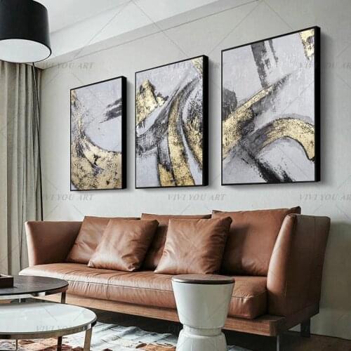 100% Handmade Gold Yellow Gray Abstract Painting Modern Art Picture For Living Room Modern Cuadros Canvas Art High Quality