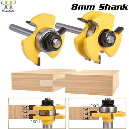 2 pc 8mm Shank Tongue & Groove Joint Assembly Router Bit Set Stock Wood Cutting Tool Milling Cutters 1/2'' Width Depth