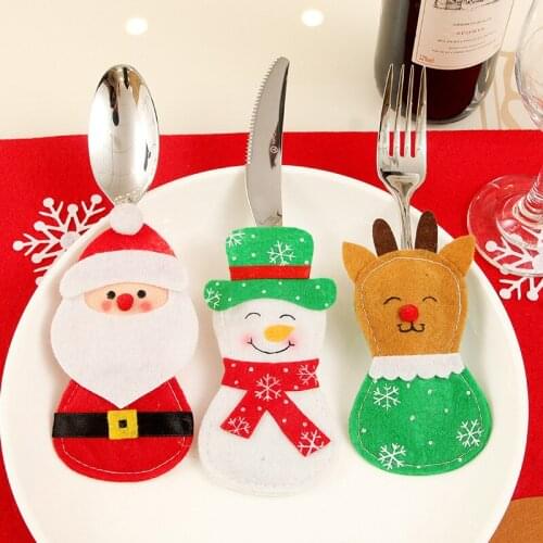5pcs Cartoon Smile Santa Snowman Elk Christmas Knife Fork Spoon Bag Covers Hotel Home Kitchen New Year Party Dinner Table Decor
