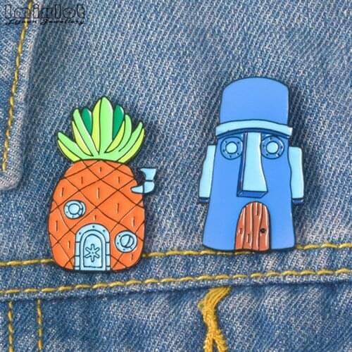 Imixlot Pineapple House Brooch Cartoon Pins Cute Octopus Brother House Brooches Enamel Pin Denim Hat Badge Family Kid Gifts