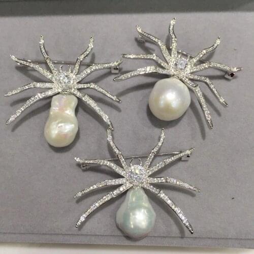 White color big size natural fresh water pearl spider brooch copper with cubic zircon randomly send fashion women jewelry