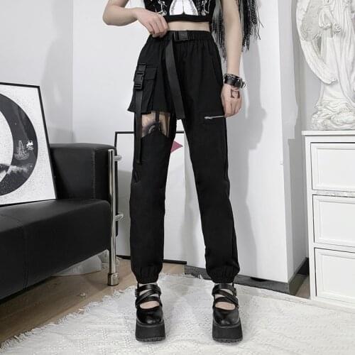 2021 Women Harajuku Mall Gothic Grunge Aesthetic Hollow Trousers High Waist Cargo Pants Black Punk Loose Patchwork Streetwear
