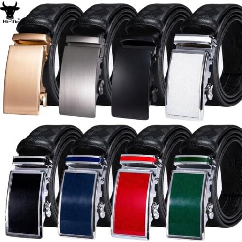 Hi-Tie Formal Black Leather Mens Belts For Men Designer Smooth Automatic Buckle Ratchet Sliding Waist Straps Business Daily Big