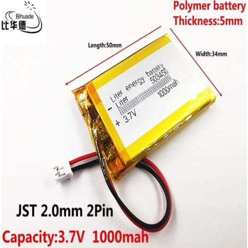 JST 2.0mm 2Pin 3.7V,1000mAH,503450 Polymer lithium ion / Li-ion battery for TOY,POWER BANK,GPS,mp3,mp4,cell phone,speaker