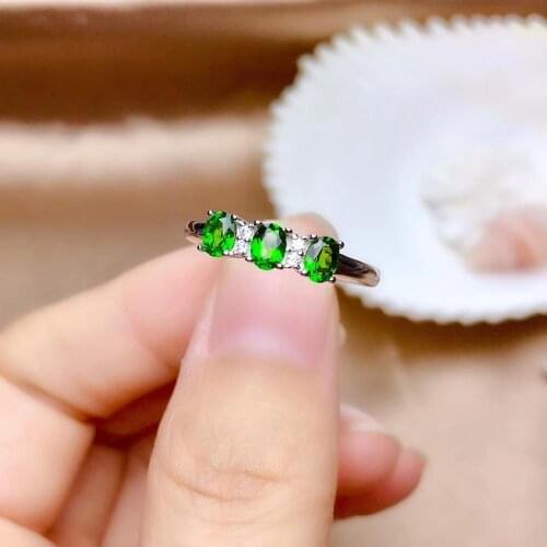 Retro elegance array Three Natural green diopside gem Ring Natural gemstone ring S925 silver womens girl party gift Jewelry