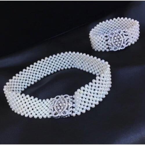 Natural fresh water pearl choker necklace and bracelet vintage jewelry set 925 sterling silver wedding necklace