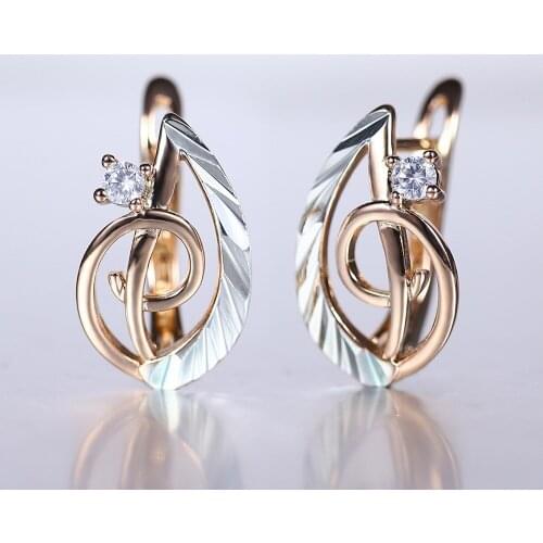 Cute Music-Notes Symbol Drop Earrings for Women Girls 585 Rose Gold Stud Earrings White Color Clear Cubic Zircon DGE286