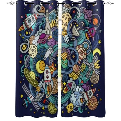 Space Theme Cartoon Hand-drawn Doodles Window Curtains for Living Room Luxury Kitchen Bedroom Drapes Home Decor Backdrop Curtain