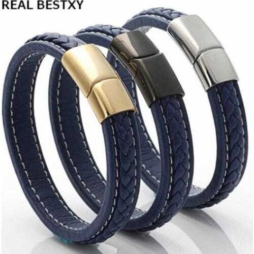 Custom Logo REAL BESTXY Mens blue braided Leather Bracelet with Stainless Steel Magnet Clasp