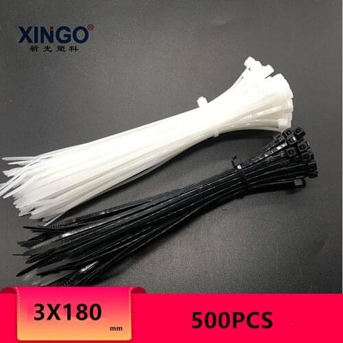 Xingo180mm Self-locking Nylon Cable Ties 500pcs Plastic Zip Tie 18 lbs UL RoHS SGS Approved Loop Wrap Ties white and black