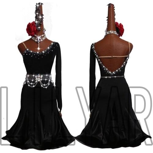 New Latin dance dress competition dress dress performance Dress Adult CUSTOM BLACK slant shoulder Dance Dress