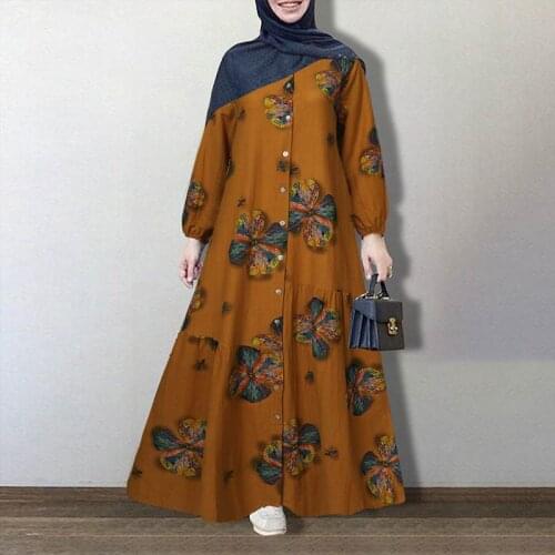 ZANZEA Women Spring Muslim Dress Kaftan Print Dress Abaya Morocco Long Maxi Dress Casual Long Sleeve Sundress Vestidos
