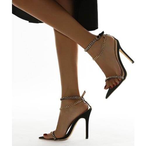 Summer Sandals Genuine Thin Stilettos Metal Buckle Pointed End High Heel Fashion Chain Shoes Women Office Open Toe Stylish Shoes