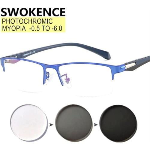 SWOKENCE Photochromic Myopia Glasses Prescription -0.5 To -6.0 Customizable Women Men Half Metal Frame Chameleon Eyeglasses F075