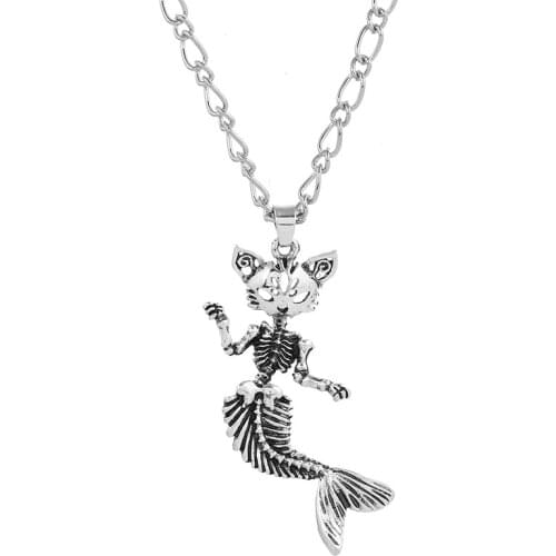 Hip Hop Cat Face Skull Fish Tail Pendant Necklace Punk Cute Fashion Trendy Creative Mermaid Skeleton Necklace Statement Jewelry
