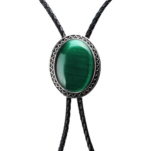 Vintage Natural Green Opal Silver Embossed Curve Oval Bolo Leather Necktie