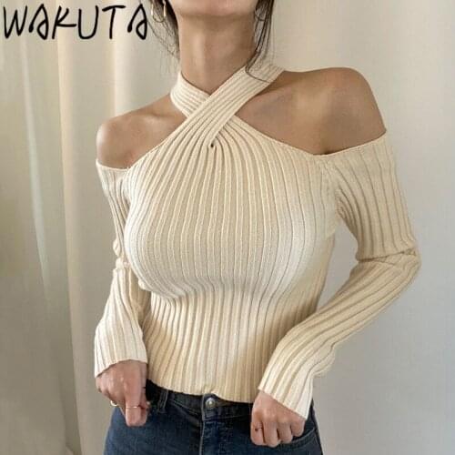 WAKUTA Crossing Halter Neck Sexy Slim Sweater Pullovers Chic Ins 2021 Elegant Gentle Pure Off Shoulder Knitting Skinny Top Mujer