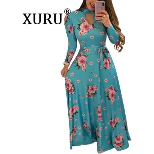 XURU Autumn and Winter Print Loose Long Dress Sexy Green Flower Large Size Dress XL S-3XL-5XL