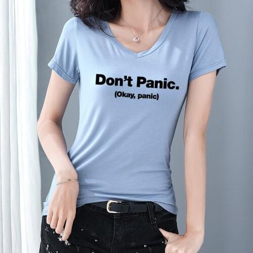Don't Panic Letter V Neck T Shirts for Women Summer High Quality Cotton Basic T Shirt for Girls Short Sleeve Female Tops Plain
