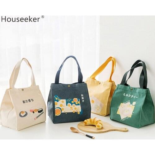 2 Styles Lunch Bag For Women Kids Lunch Box Container Picnic Hiking Cute Cartoon Drawstring Button Portable Canvas Handbag
