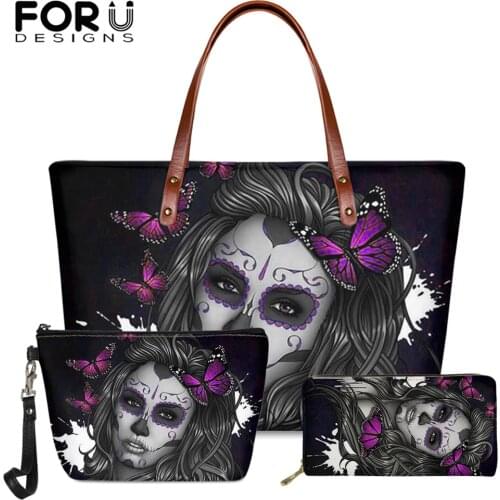 FORUDESIGNS Mexicon Sugar Skull Girl Printing Shoulder Bag Woman Casual Top-handle Bag Large Capacity Handbag with Leather Purse