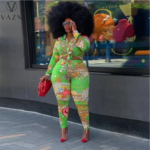 VAZN 2021 Plus Size Green Summer Wind Print Full Sleeve V-neck Top Sexy Club Long Pant Skinny Women 2 Piece Set