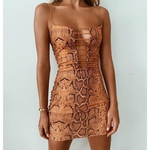 Women Snake Skin Print Dress 2021 Summer Sheath Bandage Dresses Woman Sexy Deep V Neck Low Cut Backless Short Vestidos Sundress