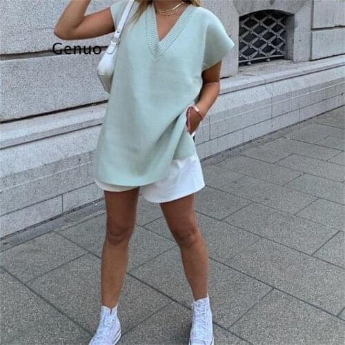 Loose V-Neck Knitted Vest Women 2021 Spring and Autumn New Pullover Mid-Length Split Sweater Vest