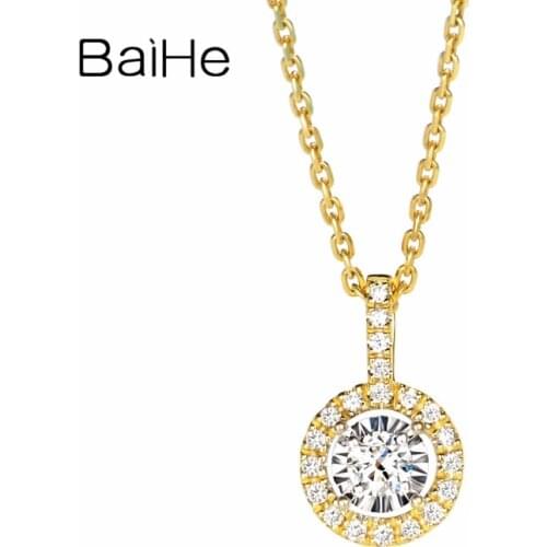 BAIHE Solid 18K Yellow Gold 0.14ct H/SI Natural Diamond Women Trendy Engagement Fine Jewelry beautiful Diamond Necklaces