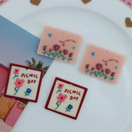 10 PCS Resin Acrylic Square Rectangle Flower Pattern Pendant Charms For Earring Accessories Findings DIY Jewelry Making