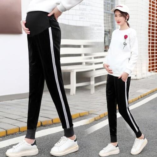 187# Maternity Pants Spring Autumn Side Strip Casual Pants Loose Comfy Belly Support Pants Elastic Waist Maternity Trousers