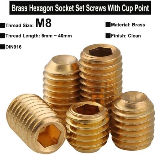 5Pcs M8x6mm~40mm Brass Hexagon Socket Set Screws With Cup Point Headless Screws Grub Screws DIN916