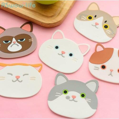 6pcs Cute Kitten Coaster Silicone Insulated Cartoon Round Coaster Furniture Kitchen Supplies